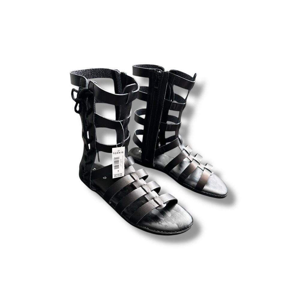 New Torrid Black Faux Leather Cage Lace Up Zip Up Gladiator Sandals Women's 7WW